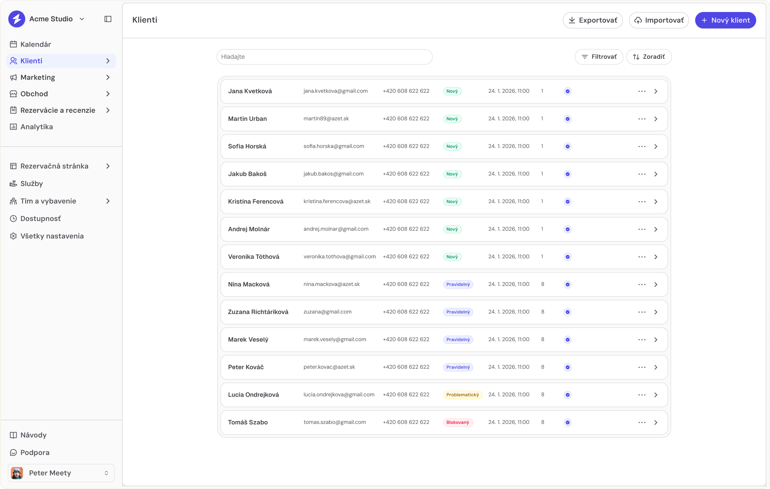 Ukázka kalendáře a rezervační stránky Meety