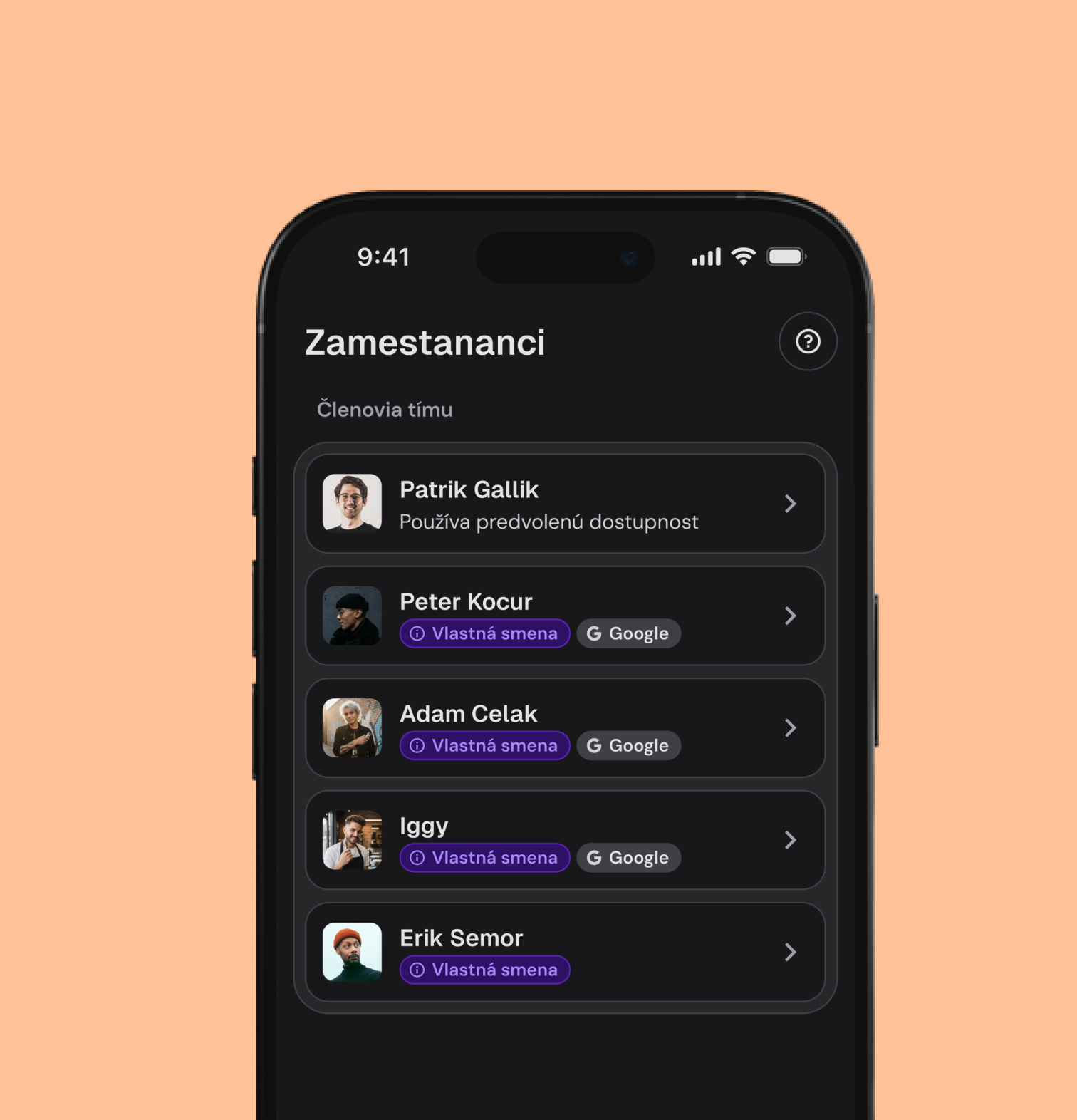 Team and employee calendar overview in Meety