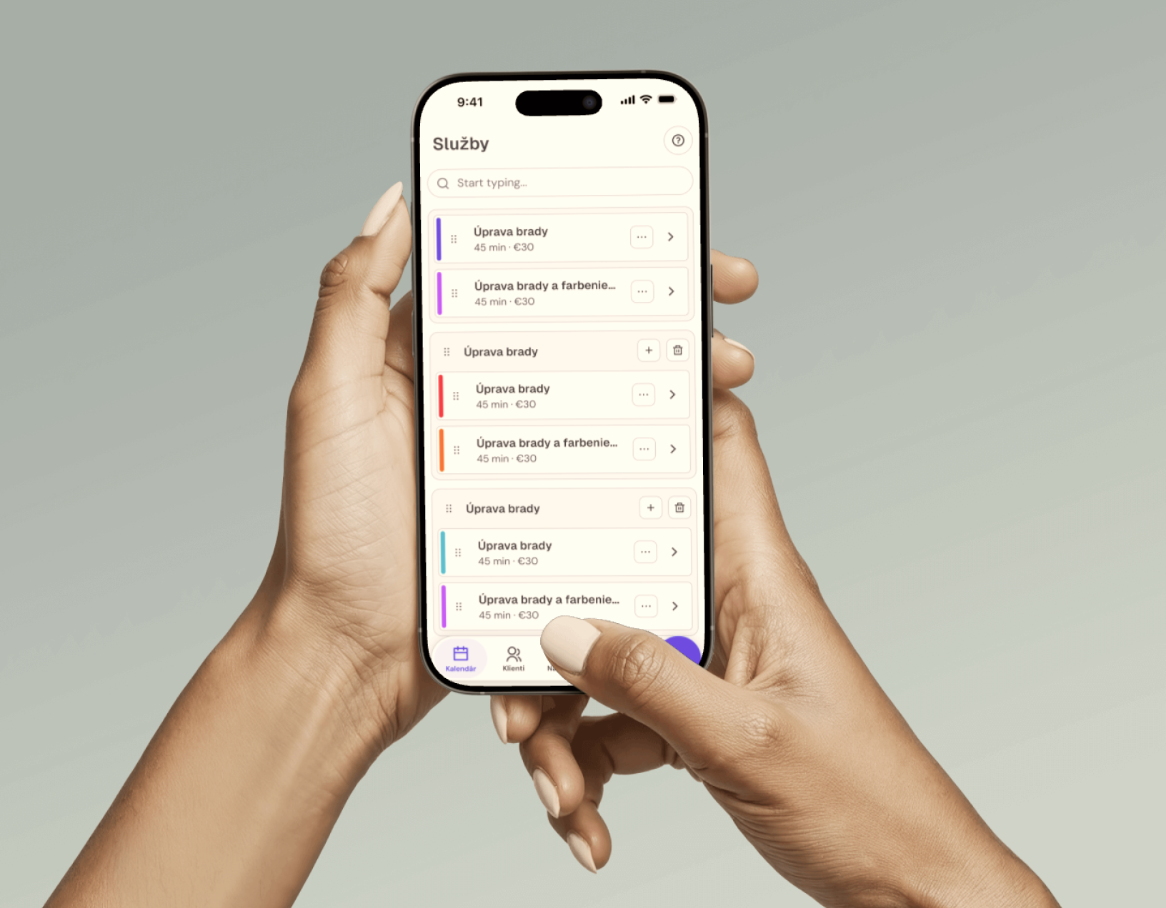 Správa služeb a kategorií v mobilní aplikaci Meety
